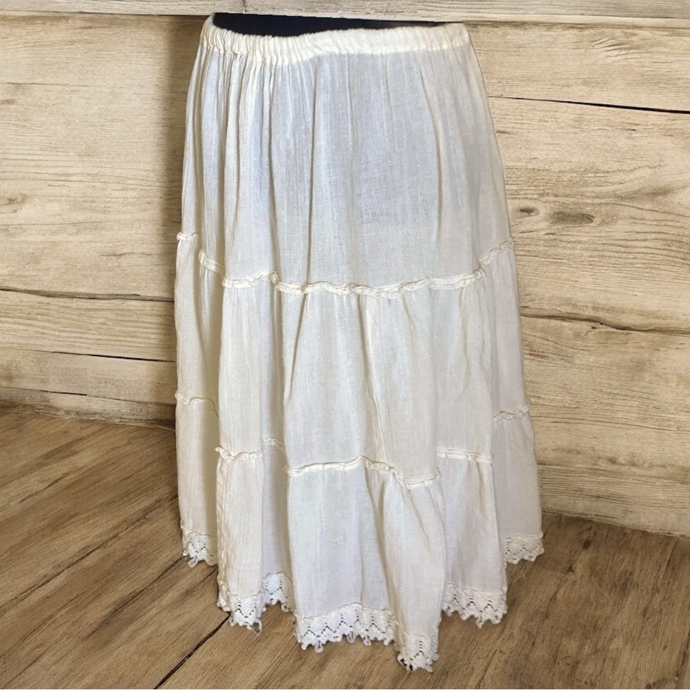 Vintage Tiered Flowing Maxi Skirt Crochet Hem